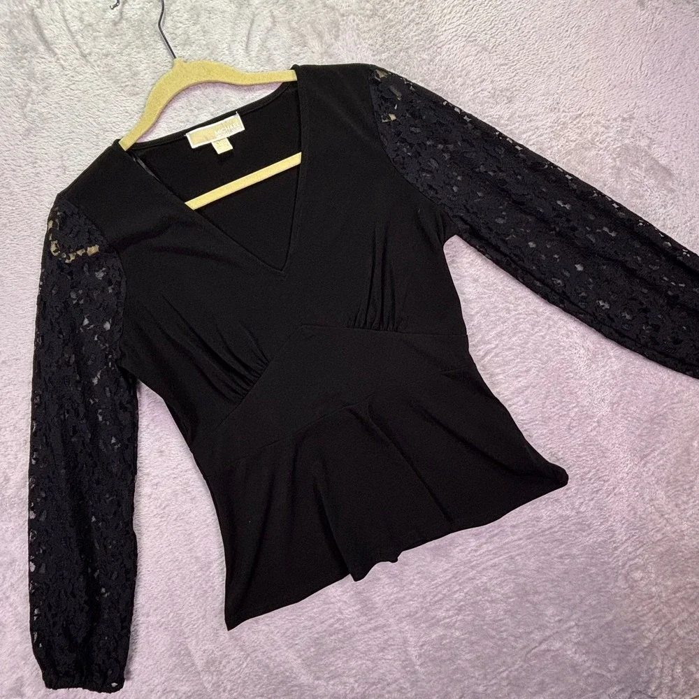 Michael‎ Kors Womens Peplum Top Size M Black Lace Balloon Sleeve V-Neck
